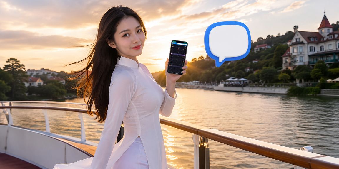Người phụ nữ mặc áo dài tại Đà Lạt dùng điện thoại truy cập casino mobile